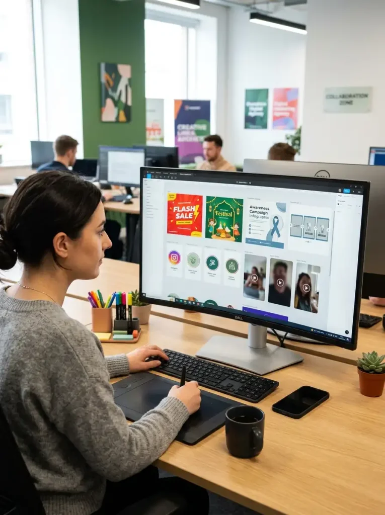 Alt Text: A female designer with her hair in a bun sitting at a wooden desk in a bright office, working on social media marketing templates including a "Flash Sale" banner and video mockups displayed on a large computer monitor.