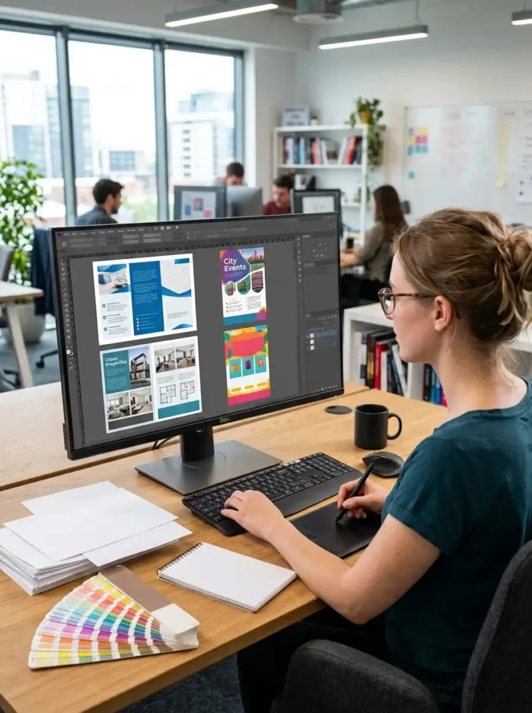 Alt Text: A female graphic designer with glasses and her hair tied up works at a wooden desk in an office, using a graphics tablet and keyboard to design trifold brochures and "City Events" layouts on a large monitor.