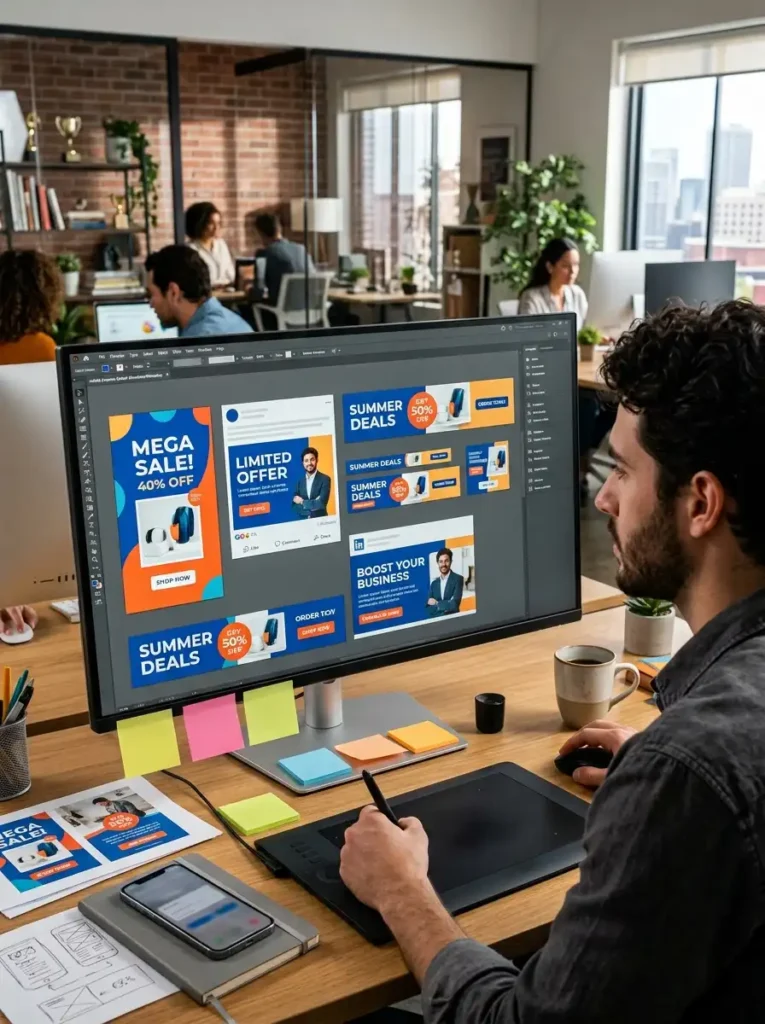 Alt Text: A side-angle view of a male graphic designer working at a wooden desk in a busy open-plan office, using a stylus on a graphics tablet to design vibrant marketing ad banners on a large computer screen.