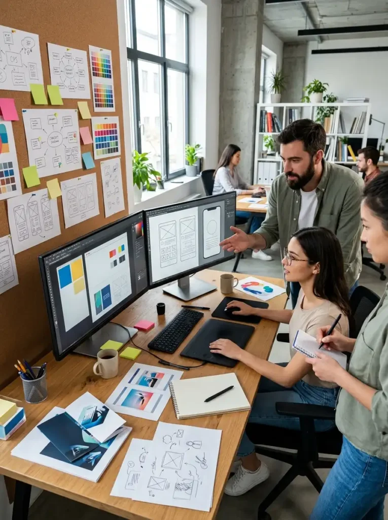 Alt Text: A collaborative team of UI/UX designers reviewing mobile application wireframes and a color palette across dual monitors in a bright office space while taking notes.