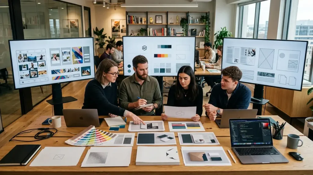 Alt Text: A team of four creative designers collaborating around a large wooden table covered in color swatches, mockups, and laptops, with three massive digital display boards behind them showing website wireframes and branding layouts.