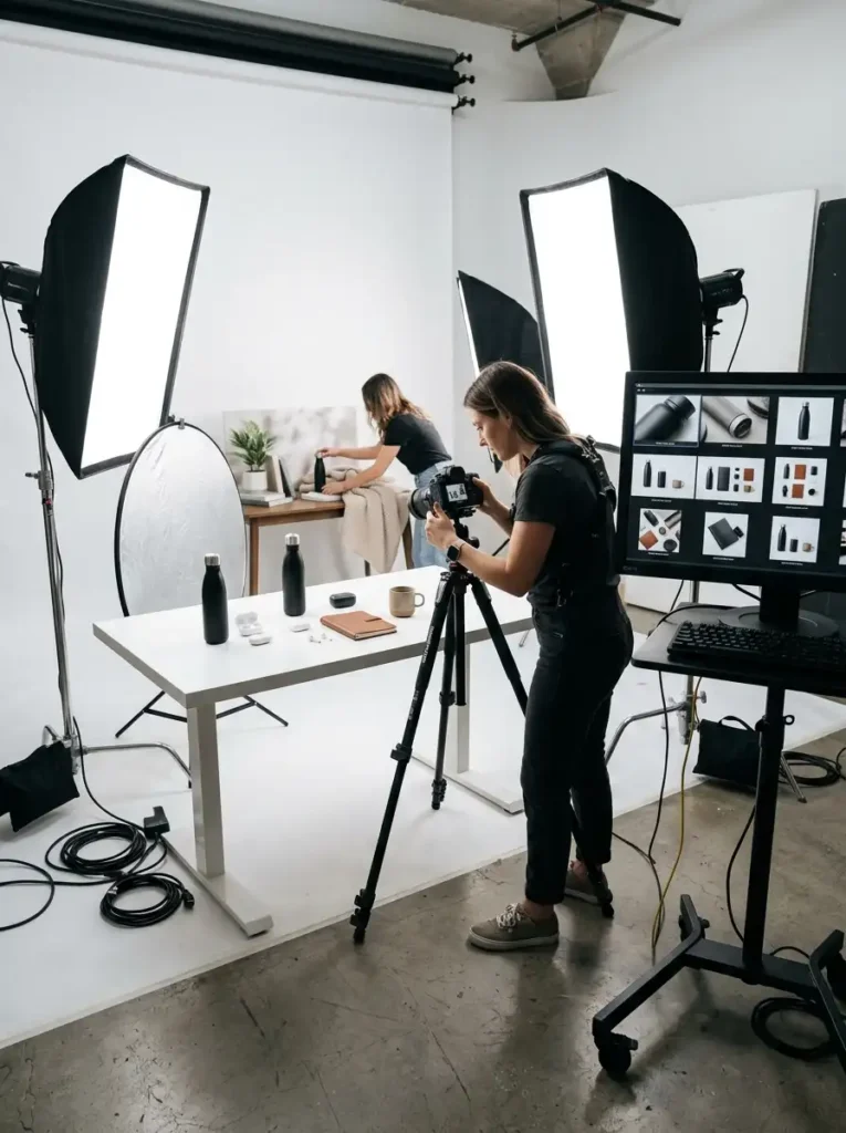 Alt Text: A female photographer captures a commercial product shoot of black insulated water bottles on a white table in a photo studio using a tripod-mounted camera, professional softbox lights, and a tethered preview monitor.
