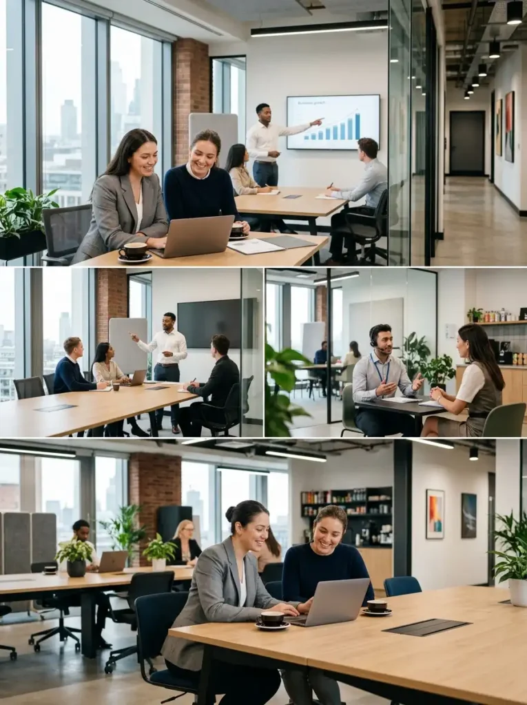 Alt Text: A collage of four corporate stock photographs showing a diverse group of business professionals collaborating in a modern, sunlit open-plan office, featuring meetings, laptop discussions, presentations, and a customer service consultation.