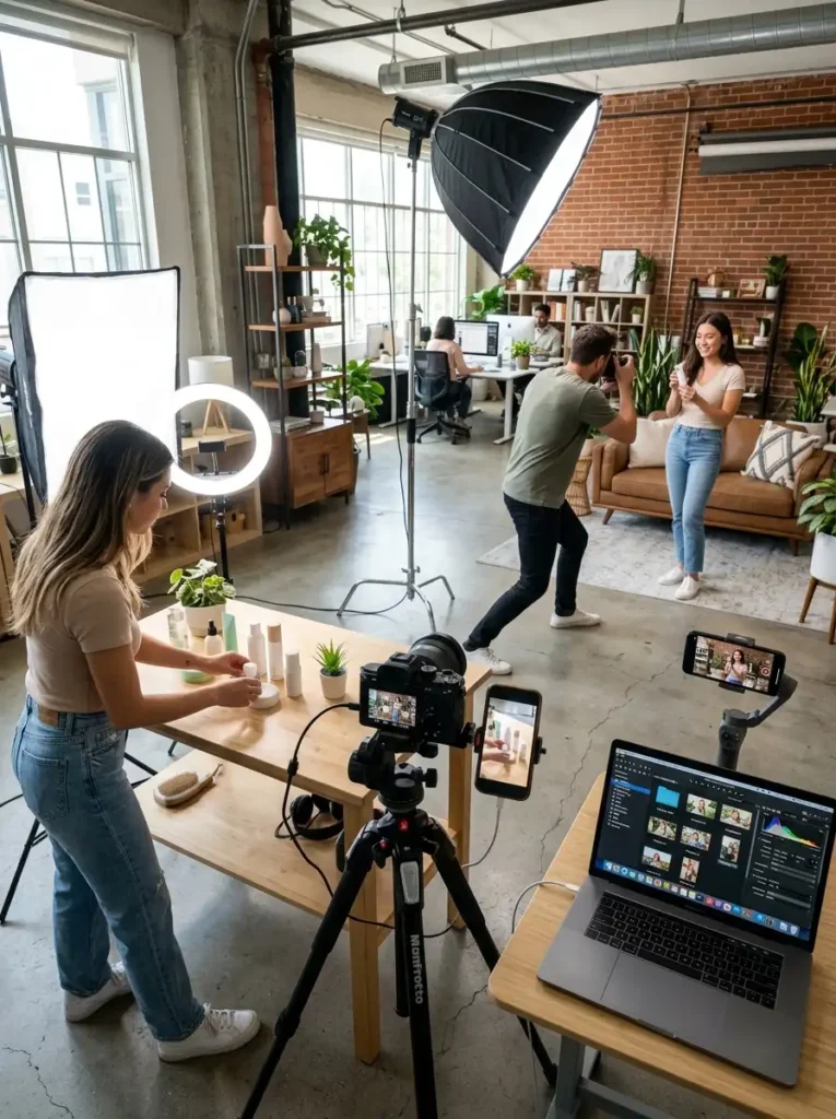 Alt Text: A high-angle view of a bustling studio where a female content creator sets up a beauty product review video with a tripod-mounted camera and ring light, while a male photographer shoots lifestyle portraits of a model in the background.