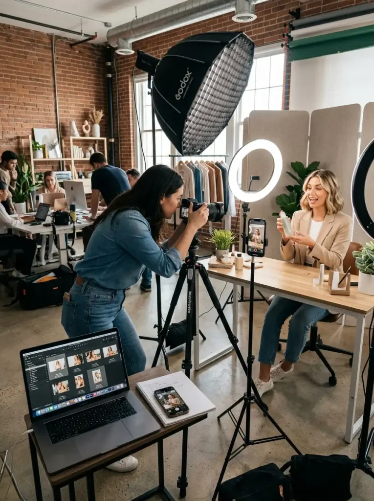 Alt Text: A female photographer in a denim shirt films an influencer or model who is talking and holding a skincare bottle at a wooden desk, surrounded by a Godox softbox light, ring lights, a tethered laptop, and an open-plan office background.