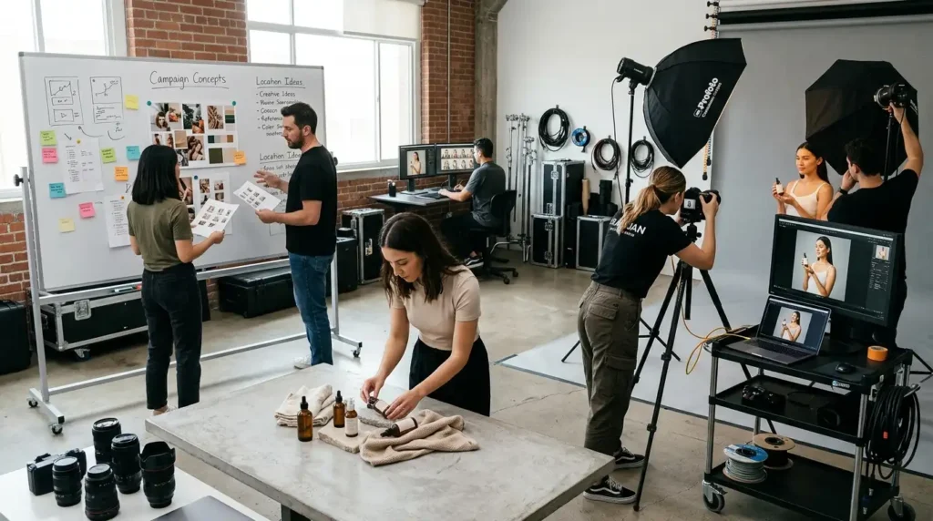Alt Text: A wide-angle view of a professional commercial production studio showing a creative team planning on a whiteboard, a stylist arranging amber skincare bottles, a photographer shooting a model on a gray backdrop, and a retoucher working at a dual-monitor editing station.