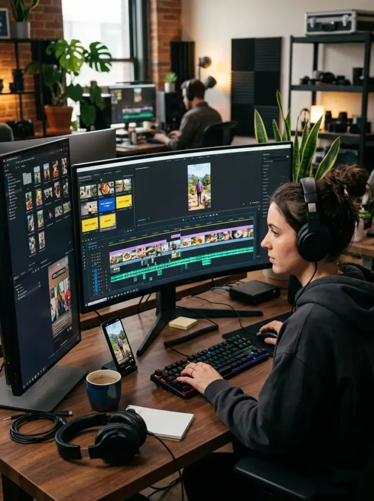 Alt Text: A professional video editor wearing over-ear headphones works at a dark wood desk with a dual-monitor setup, editing a vertical video timeline for social media marketing next to a smartphone showing a matching preview.