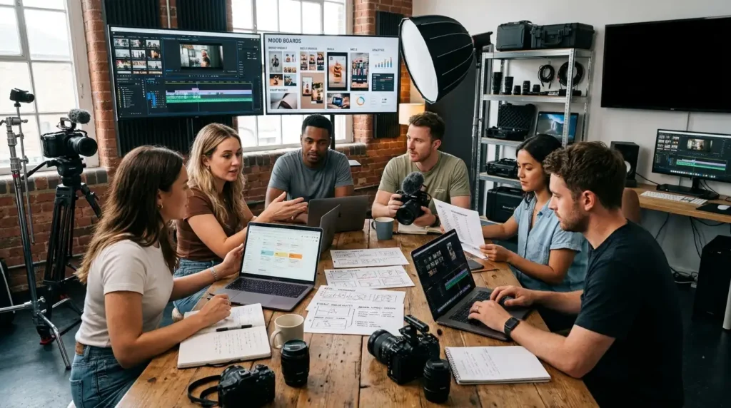 Alt Text: A collaborative digital marketing agency team sits around a rustic wooden conference table reviewing video scripts, sketches, and camera equipment, with large dual monitors behind them displaying multi-track video timelines and creative mood boards.