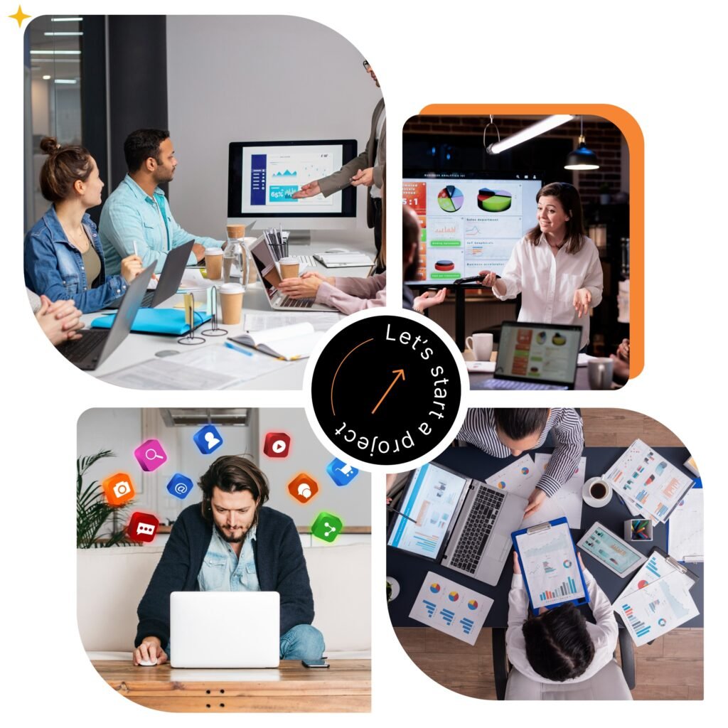 A collage featuring four scenes of professional collaboration and digital work: a team meeting at a table, a woman presenting data on a screen, a man working on a laptop surrounded by floating social media icons, and a top-down view of a team analyzing charts and documents on a desk, with a central circular badge that reads "Let's start a project".