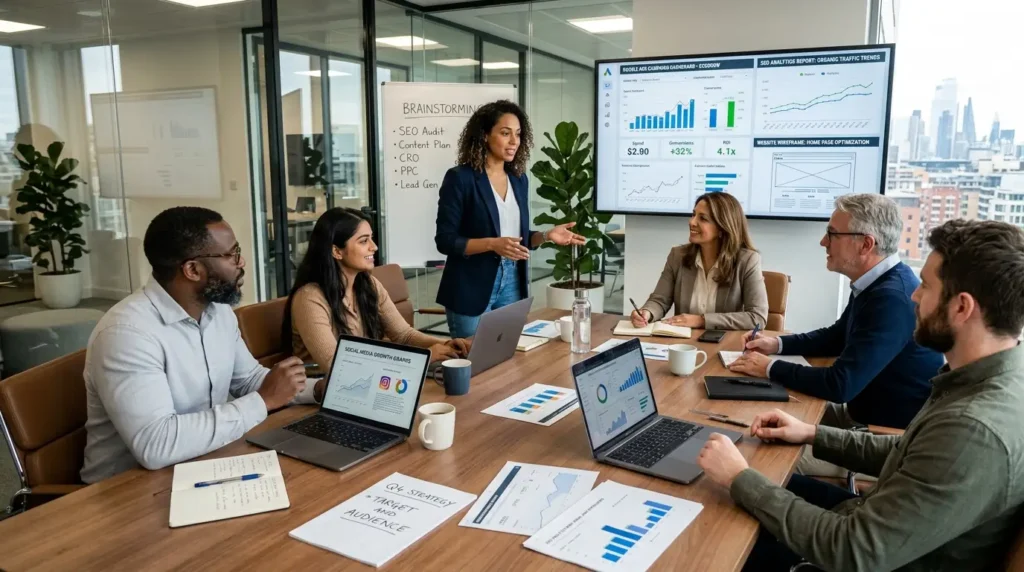A professional boardroom meeting where a diverse group of six executives is collaborating around a long wooden conference table. A woman stands at the head of the table presenting, gesturing toward her team. The table is filled with open laptops showing business data, notebooks, coffee mugs, and printed marketing strategy documents. In the background, a large digital display screen showcases detailed SEO and marketing analytics charts, while a whiteboard lists brainstorming topics like SEO Audit, Content Plan, CRO, PPC, and Lead Gen. Large glass windows offer a view of a city skyline.