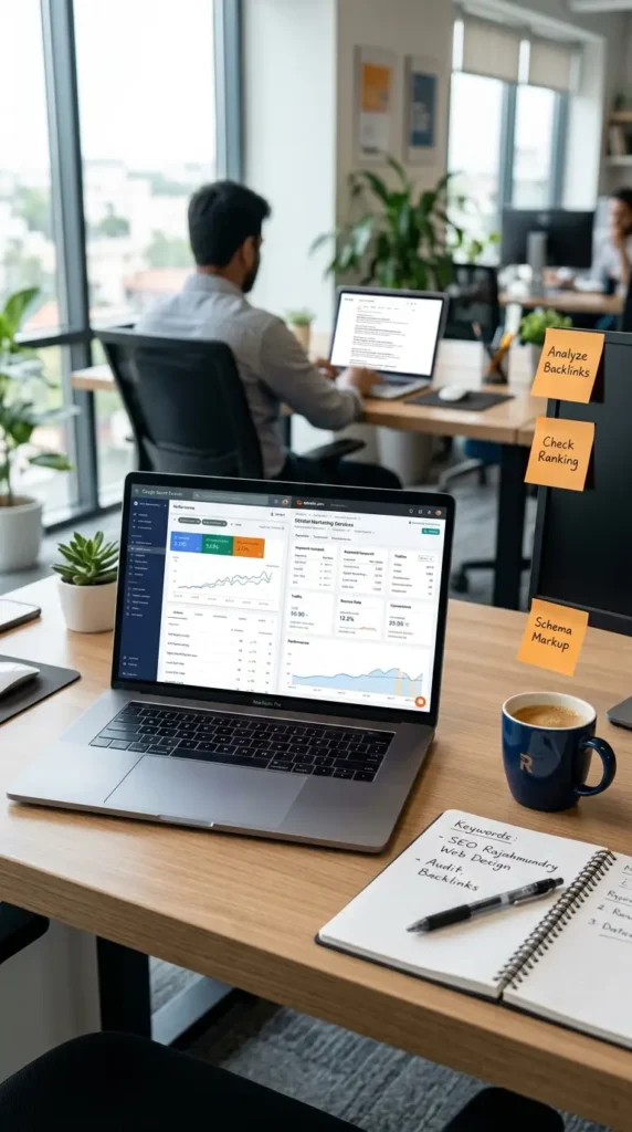 A workspace view focusing on an open laptop displaying an SEO dashboard with charts and analytics. Next to the laptop sits a notebook with handwritten SEO notes ("Keywords: SEO Rajahmundry, Web Design"), a blue coffee mug, and a monitor with orange sticky notes reading "Analyze Backlinks," "Check Ranking," and "Schema Markup." In the background, another professional is sitting at a desk facing away, working on their laptop in a modern office environment.