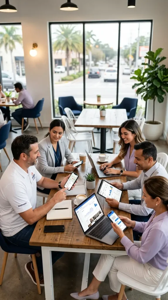 A high-angle view of a professional group of five people collaborating around a long wooden table inside a bright, modern cafe. The team members are using various digital devices including two laptops displaying business analytics, a tablet showing charts, and two smartphones. Coffee cups, notebooks, and a small potted plant are scattered across the table, while large windows in the background reveal a street view with palm trees.