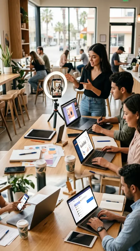 A high-angle view of a creative team of five people collaborating around a long wooden table in a busy, modern cafe or co-working space. A woman stands presenting towards a smartphone mounted inside an active ring light on a tripod, while team members work on laptops displaying graphic design software, analytics charts, and communication platforms. Tablets, notebooks, smartphones, and coffee cups are spread across the workspace, with other cafe patrons visible in the background.