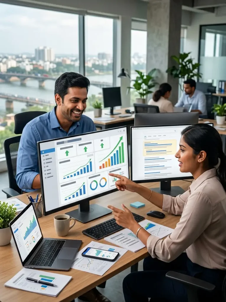 A close-up, slightly high-angle shot of two South Asian professionals, a man and a woman, collaborating at a wooden desk in a modern corporate office. The woman is pointing at a large desktop monitor displaying growth analytics with colorful upward-trending bar charts and donut graphs. The man is smiling as he looks at the screen. On the desk are an open laptop, a smartphone displaying data, printed chart documents, a keyboard, a mouse, and a coffee mug. In the background, other colleagues are working near a large window showcasing an expansive city and river view.