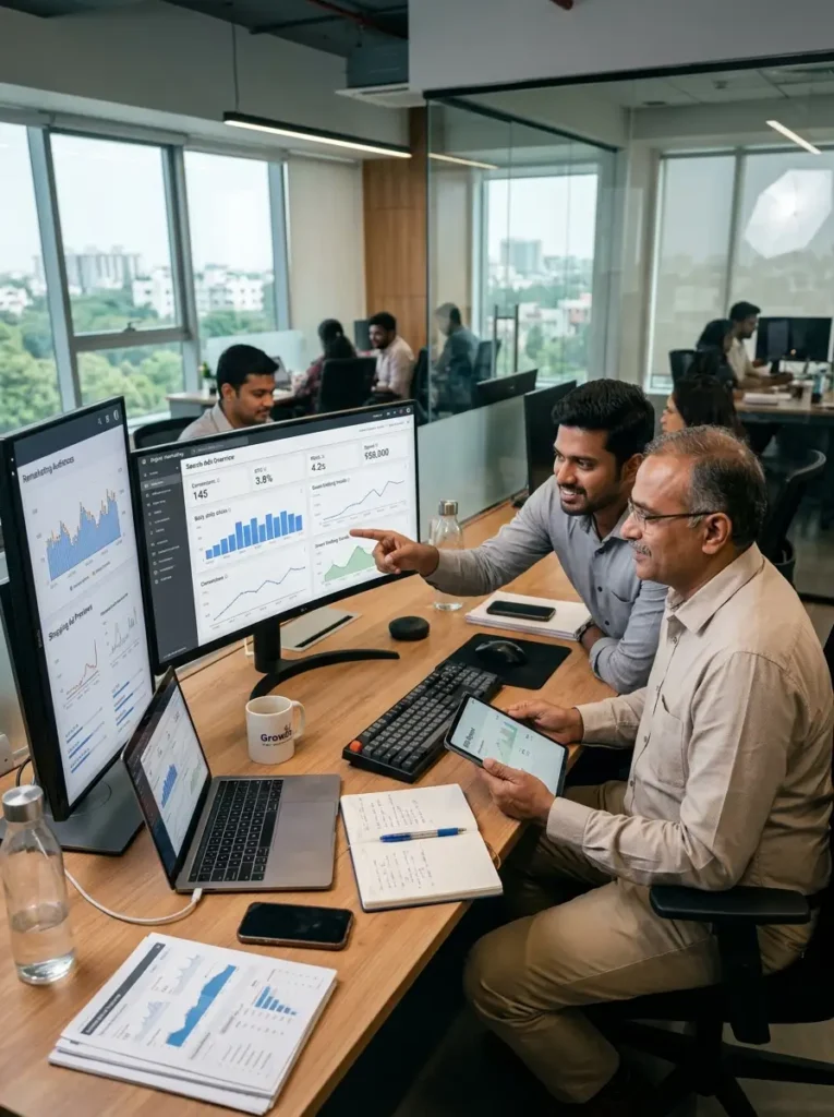 A high-angle shot of two South Asian professional men collaborating at a long wooden desk in a modern open-plan office. A younger man in a grey button-up shirt points directly at a large widescreen monitor displaying a data dashboard filled with bar graphs and trend lines. An older gentleman with glasses sits next to him, holding a digital tablet displaying charts and listening intently. The workspace is equipped with multiple screens, including a vertical secondary monitor and an open laptop, along with printed analytical reports, an open notebook, a keyboard, and a coffee mug. In the background, other colleagues work near large windows overlooking a city view.