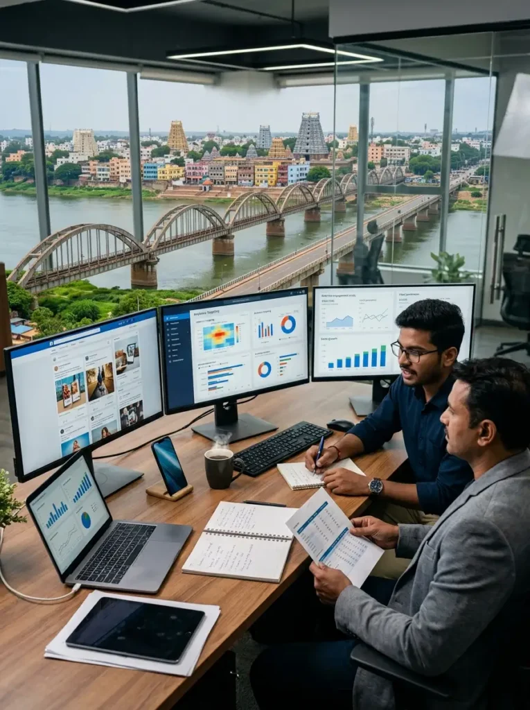 A high-angle view of two South Asian professional men collaborating at a long wooden desk inside a high-rise office. The workstation is equipped with a multi-monitor display showing Facebook ad campaigns, demographic heatmaps, and marketing metrics, alongside an open laptop, a tablet, notebooks, and a steaming coffee mug. One man in a dark blue shirt writes in a notepad while speaking, and the other in a grey blazer reviews a printed data sheet. Through the large floor-to-ceiling glass windows behind them, a sprawling cityscape features a long arched bridge crossing a river, leading toward traditional South Indian temple gopurams (towers).