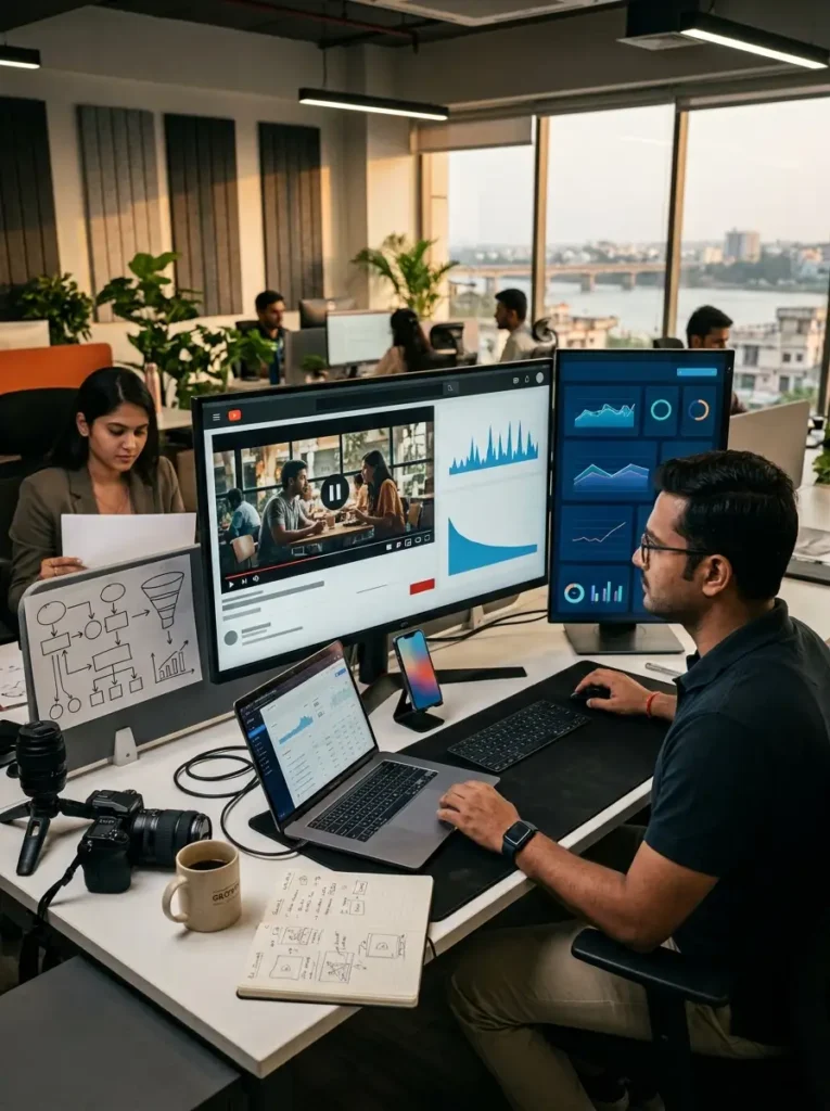 A high-angle view of a modern open-plan office workspace where a South Asian professional man with glasses is editing or analyzing a YouTube video on a large widescreen monitor. A vertical secondary monitor next to it displays blue analytics line graphs and metrics. On the white desk sits an open laptop, a smartphone on a stand, a keyboard, an open notebook with wireframe sketches, a coffee mug, and a DSLR camera on a small tripod. In the background, other colleagues are working at their desks near large windows overlooking a city and a river view.