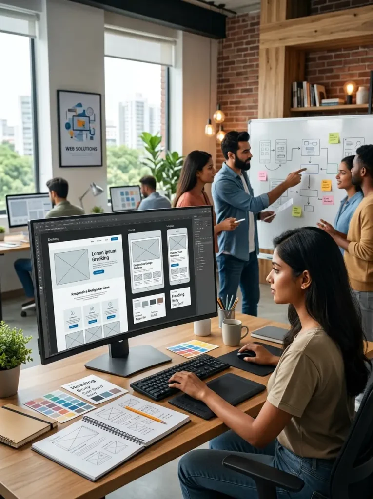 A high-angle view of a creative web design team collaborating in a modern office. In the foreground, a South Asian woman sits at a wooden desk using a graphic drawing tablet and keyboard, focusing on a large monitor that displays responsive UI/UX design mockups for desktop, tablet, and mobile. On her desk are sketchbooks with wireframe diagrams, color swatches, and a coffee mug. In the background, a colleague points to a user flow diagram on a whiteboard with sticky notes, presenting to a group, while a poster reading "WEB SOLUTIONS" hangs on the wall.
