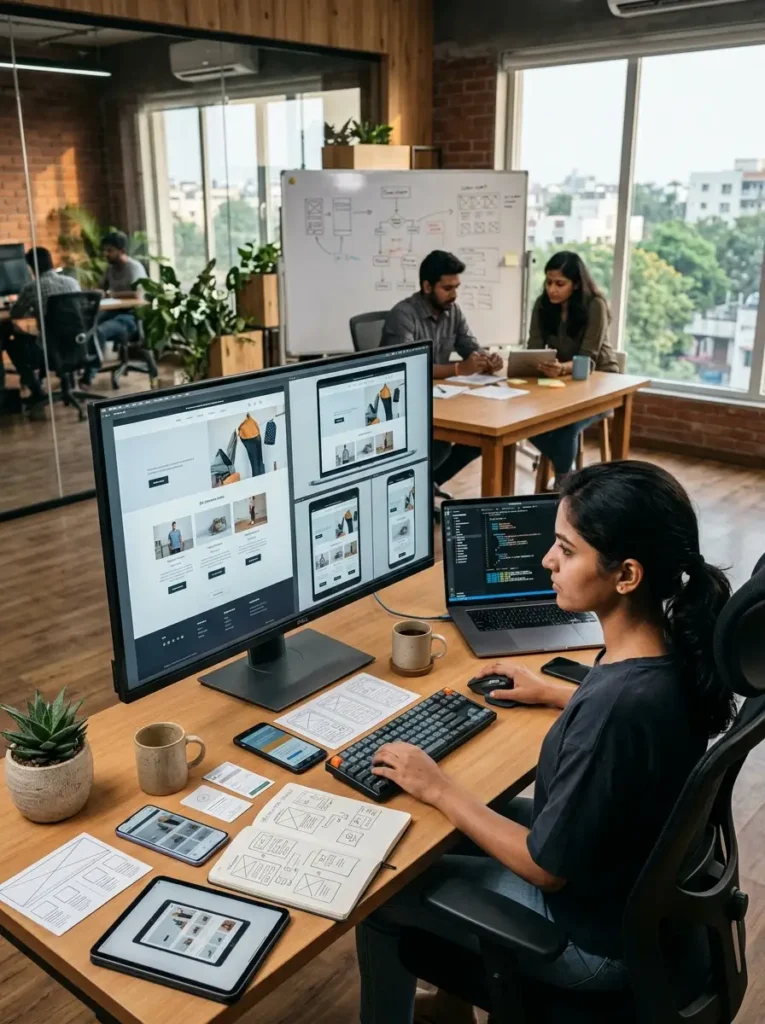 A high-angle view of a female web developer working at a wooden desk in a modern office. Her primary ultrawide monitor displays responsive e-commerce web layouts for desktop, tablet, and mobile views, while her open laptop shows lines of programming code in a code editor. The desk is filled with design tools, including an open notebook with wireframe sketches, a tablet, smartphones, paper UI mockups, a mechanical keyboard, and a coffee mug. In the background, two colleagues collaborate at a table next to a whiteboard filled with website flowchart diagrams.