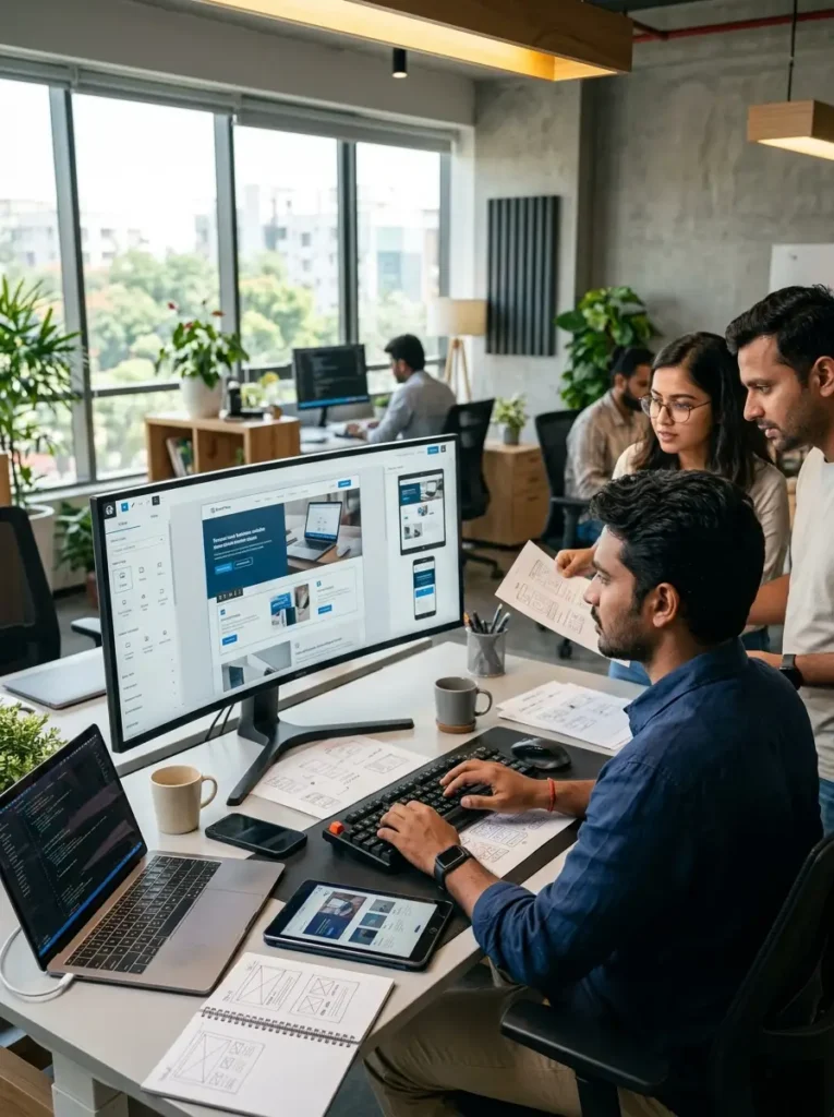 A high-angle view of a team of three web developers and design professionals collaborating at a long desk in a modern corporate office. A male developer sits typing on a mechanical keyboard in front of a large ultrawide monitor displaying a content management system or website builder with layout mockups. A woman with glasses leans in over his shoulder holding a paper UI wireframe, while another man stands beside her, both reviewing the screen intently. The desk also features an open laptop with lines of code, a tablet, a smartphone, coffee mugs, and notebooks with sketched layouts. In the background, other colleagues are working at their desks near large windows overlooking city greenery.