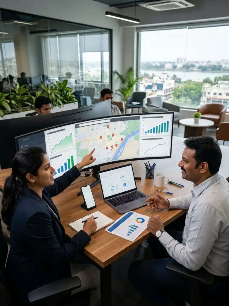 A high-angle view of two South Asian professionals, a man and a woman, analyzing location data at a wooden desk in a modern corporate office. The woman is pointing directly at a massive ultrawide curved monitor displaying a city map with multiple red location pins, flanked by green and blue data bar graphs. The man sits opposite her, listening and gesturing with his hand. On the desk are an open laptop, a smartphone on a desk stand, an open notebook with a pen, printed analytical reports with pie charts, and a white coffee mug. In the background, other colleagues are visible near large glass windows overlooking a riverfront cityscape.