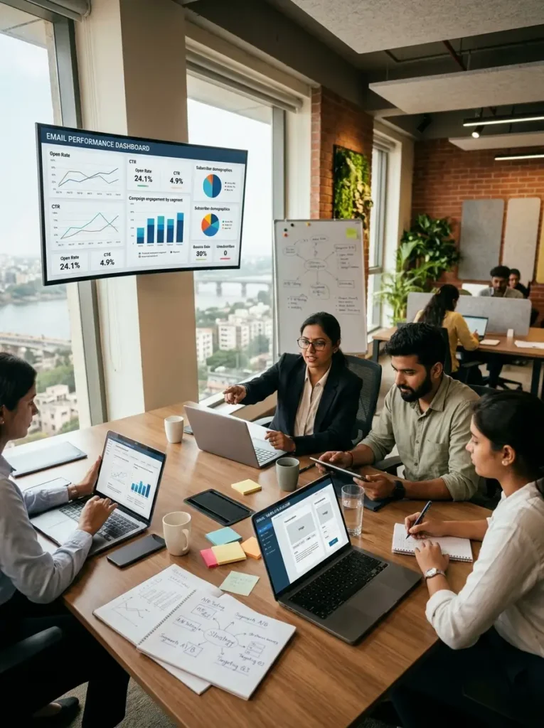 A high-angle view of a professional marketing team of four collaborating around a large wooden conference table in a modern, loft-style office. A woman in a black blazer stands or leans at the center, pointing toward a laptop or across the table as she directs the discussion. The table is filled with open laptops displaying data analytics and email layouts, an open notepad with handwritten strategy flowcharts, sticky notes, pens, and coffee mugs. In the background, a large digital display screen on the wall showcases an "EMAIL PERFORMANCE DASHBOARD" with metrics like a 24.1% Open Rate and a 4.9% CTR, while a whiteboard displays campaign flowcharts. Large windows reveal an urban river view, and other colleagues work at desks nearby.