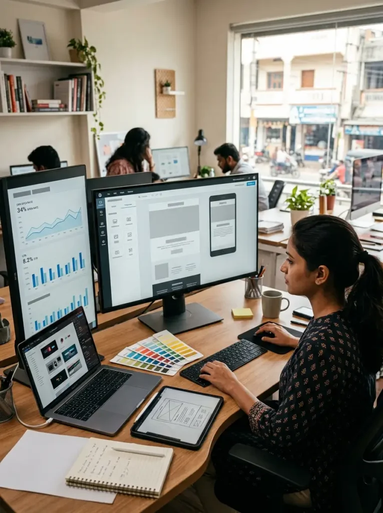 A high-angle view of a female UI/UX designer working at a wooden desk in a busy open-plan office. She is using a mechanical keyboard and mouse while looking at a large desktop monitor displaying a wireframe layout editor for desktop and mobile apps. To her left, a vertical monitor shows performance line graphs and bar charts with a 34% Open Rate and 8.2% CTR. Her workspace is organized with an open laptop, a tablet showing a sketched grid layout, a notebook, color swatch cards, and a coffee mug, while other colleagues work in the background near a large window.