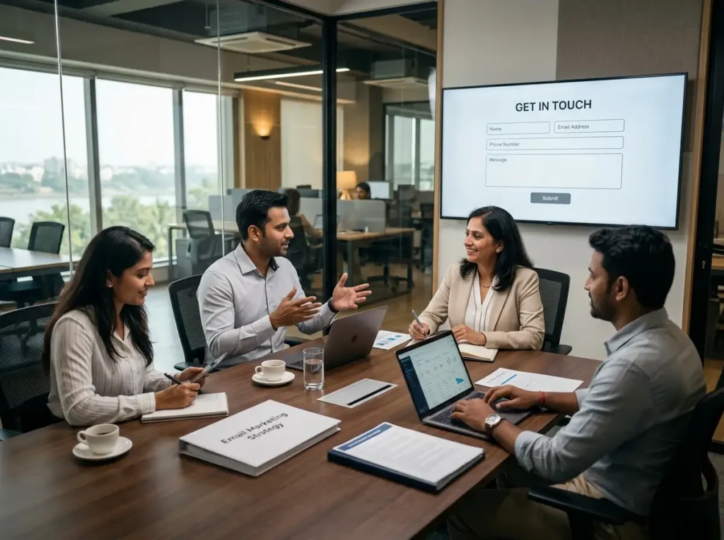 A professional boardroom meeting where a group of four South Asian executives is collaborating around a long wooden conference table. A man in a light grey button-down shirt is speaking with expressive hand gestures, addressing a female colleague in a beige blazer sitting across from him. The table is arranged with open laptops, notebooks, coffee cups, a glass of water, and a large binder labeled "Email Marketing Strategy." In the background, a large digital display screen on the wall showcases a web contact form under the heading "GET IN TOUCH," while glass walls reveal a modern, open-plan office space.