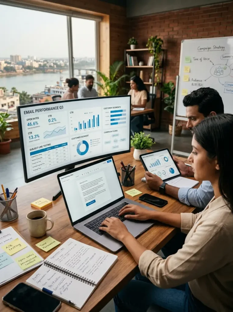 A high-angle view of two digital marketing professionals collaborating at a long wooden desk in a modern, loft-style office. In the foreground, a woman types on a laptop displaying an email copy editor, while a man next to her reviews data charts on a digital tablet. Behind the laptop, a large widescreen desktop monitor showcases an "EMAIL PERFORMANCE Q3" dashboard with metrics including a 46.6% Open Rate and a 13.3% CTR. The desk is organized with open spiral notebooks, sticky notes (labeled "A/B testing" and "Tone: Persuasive"), pens, a smartphone, and a coffee mug. In the background, other colleagues work near a large window with a river view, and a whiteboard displays a "Campaign Strategy" mind map.