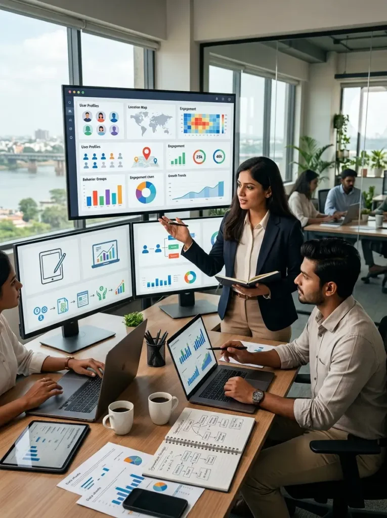 A high-angle view of a professional marketing and data analytics team collaborating around a long wooden conference table in a modern corporate office. A woman in a dark blue blazer stands holding an open notebook, pointing up toward a large wall-mounted monitor displaying a user dashboard with maps, charts, and demographics. Two colleagues sit at the table interacting with laptops, tablets, and printed data reports. In the background, other team members work at separate desks near large glass windows showing a city river view.