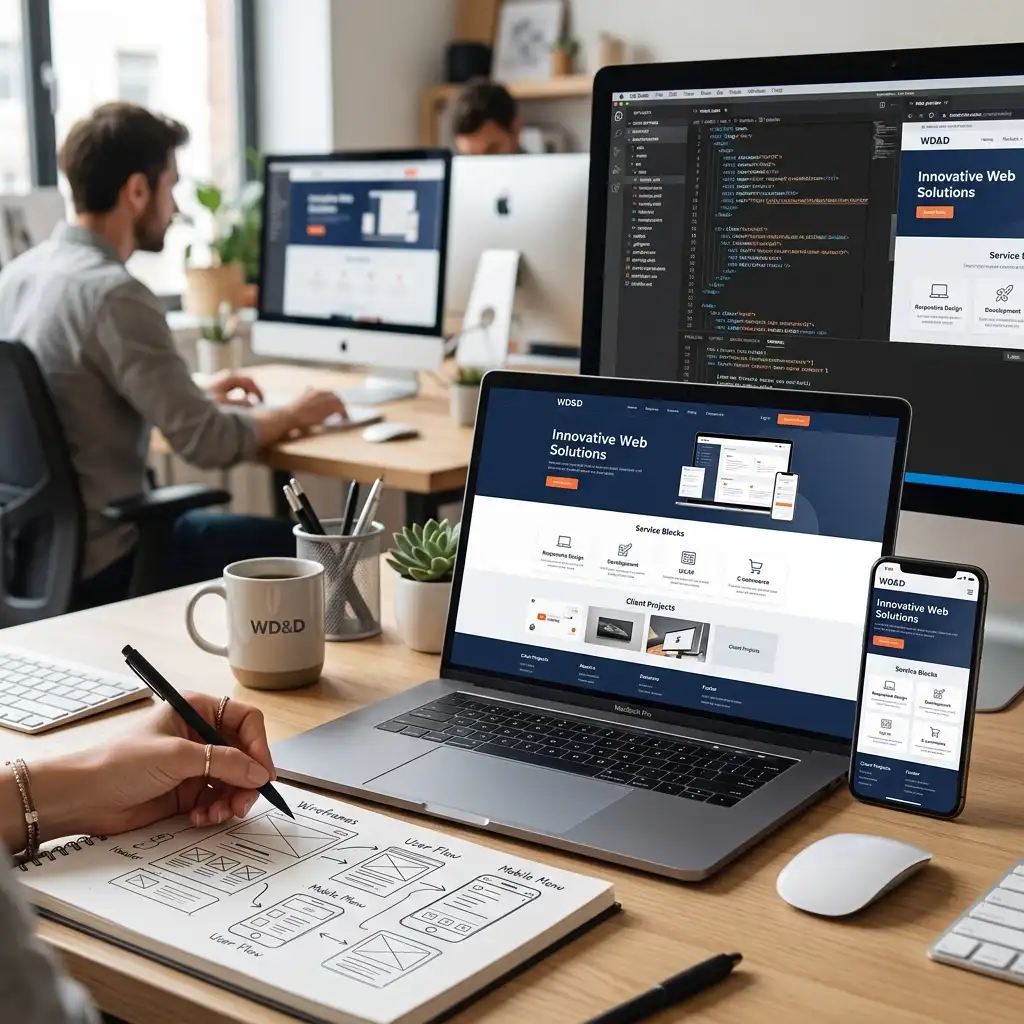 A close-up, high-angle view of a web developer's workspace focusing on a hands-on design and coding workflow. In the foreground, a person is sketching website wireframes and user flows in a notebook. On the wooden desk sits a laptop and a smartphone, both displaying a responsive business website titled "Innovative Web Solutions." A large desktop monitor in the background shows lines of programming code next to a live preview. A custom coffee mug reading "WD&D," a wireless mouse, a small succulent, and another colleague working in the background complete the modern office scene.