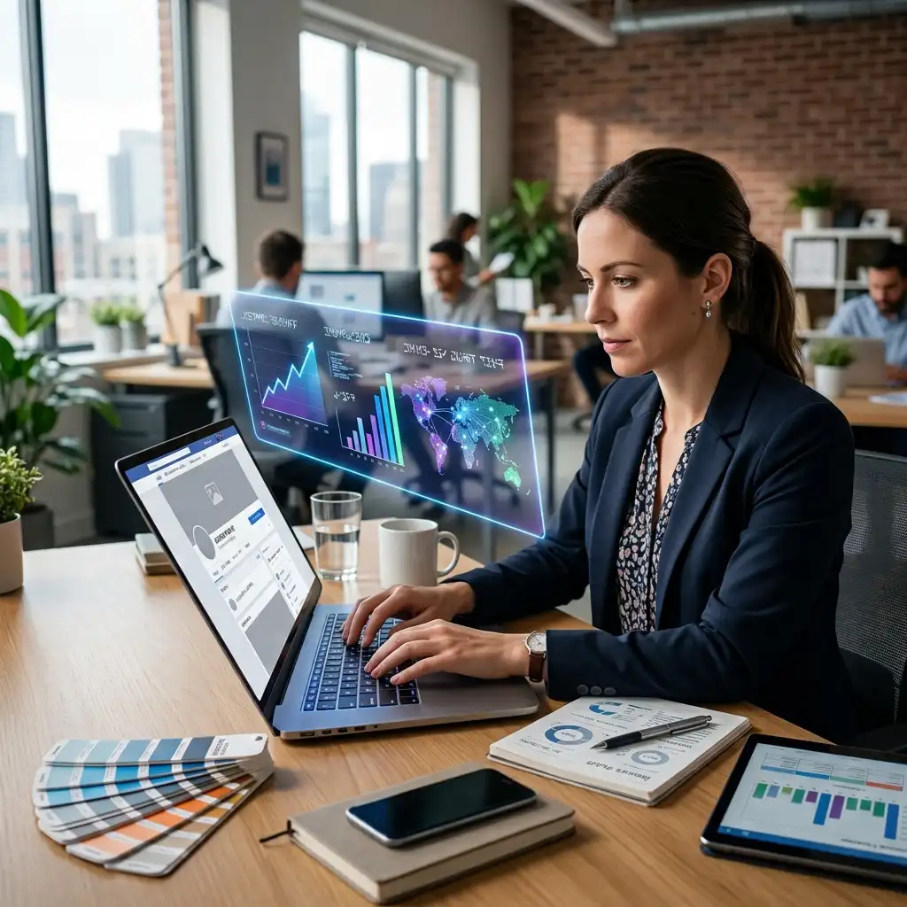 A high-angle view of a professional businesswoman focused on her laptop at a wooden desk in a modern corporate office. A glowing blue holographic screen hovers above her laptop, displaying global data metrics, a line graph showing an upward trend, a multi-colored bar chart, and a connected world map. On the desk are fan-out color palette swatches, an open notebook with a pen, printed data sheets, a smartphone resting on a diary, a digital tablet displaying metrics, a glass of water, and a coffee mug, while other colleagues work in the background near a brick wall and large windows.