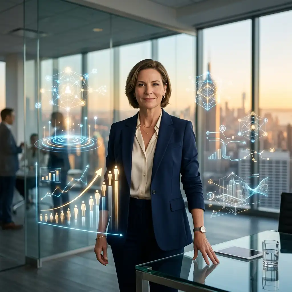 A high-angle view of a professional businesswoman focused on her laptop at a wooden desk in a modern corporate office. A glowing blue holographic screen hovers above her laptop, displaying global data metrics, a line graph showing an upward trend, a multi-colored bar chart, and a connected world map. On the desk are fan-out color palette swatches, an open notebook with a pen, printed data sheets, a smartphone resting on a diary, a digital tablet displaying metrics, a glass of water, and a coffee mug, while other colleagues work in the background near a brick wall and large windows.