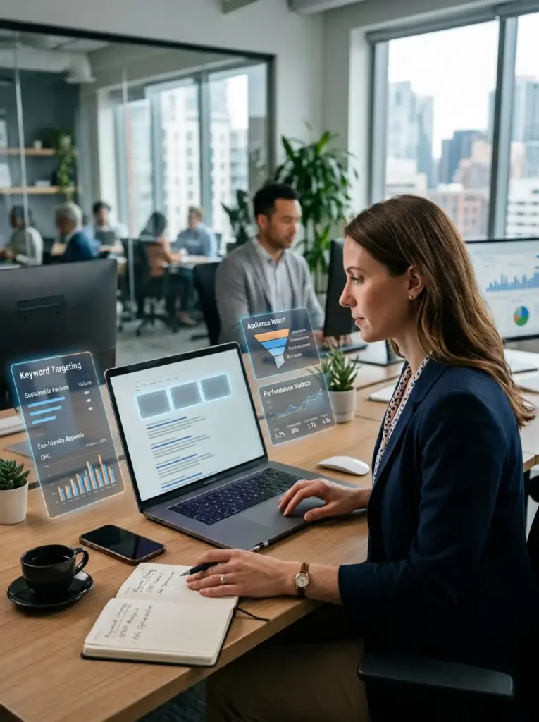 A digital marketing professional analyzing Google Search Ads performance on a laptop with keyword targeting, search results interface, and analytics dashboards in a modern office setting.