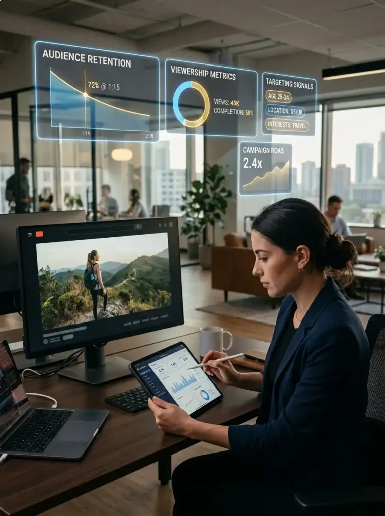 A digital marketing professional analyzing YouTube video advertising campaigns on a laptop screen with video play interface, engagement graphs, and audience targeting visuals in a modern office environment.