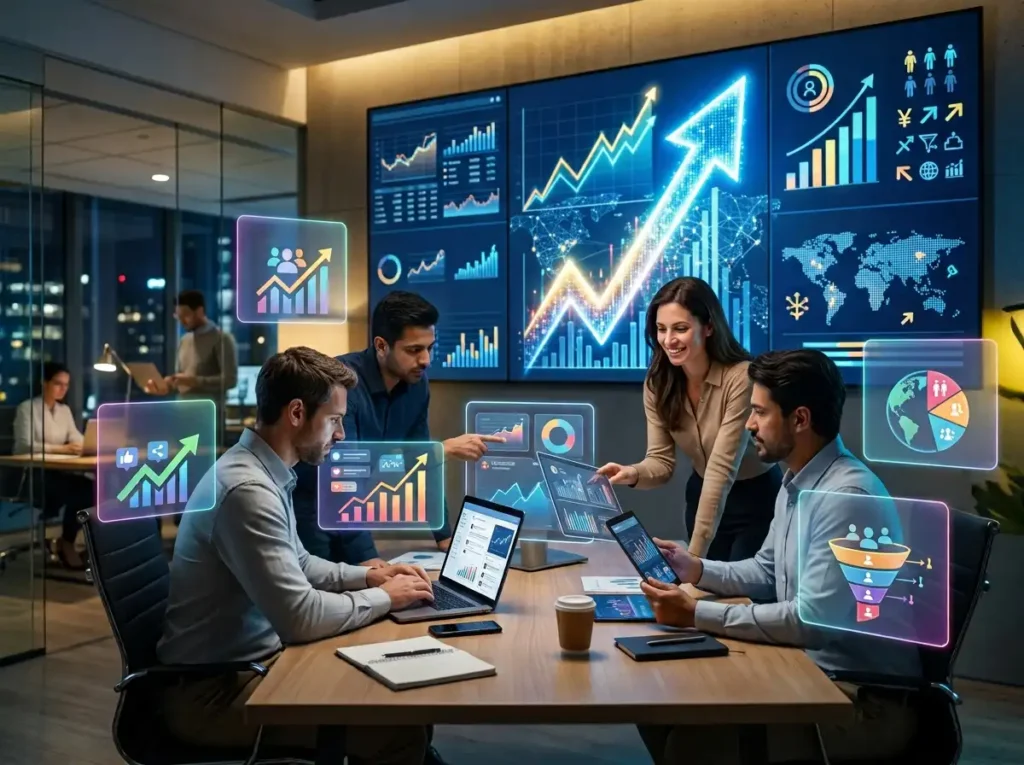 Social media marketing professional working on digital campaign strategy dashboard to grow business visibility and sales.