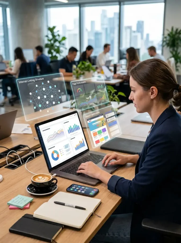 A digital marketer analyzing website on-page SEO optimization using a laptop with abstract analytics dashboard, keyword structure visuals, and content performance graphs in a modern office environment.