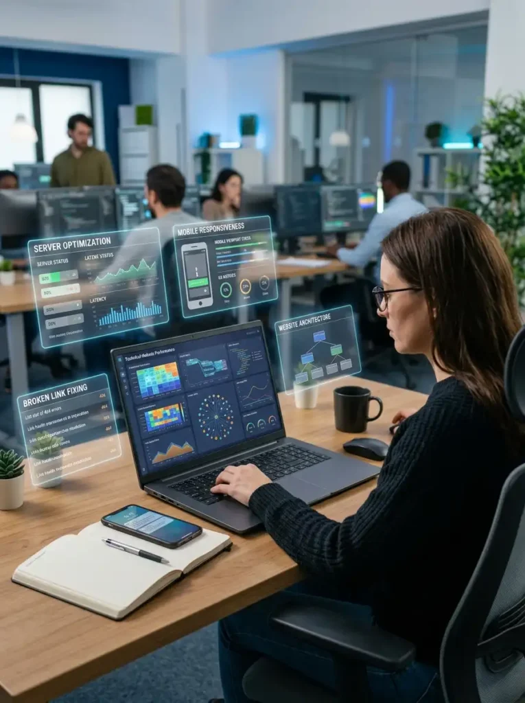 A digital marketing professional analyzing technical SEO performance on a laptop with abstract website speed, crawl structure, and indexing optimization visuals in a modern office environment.