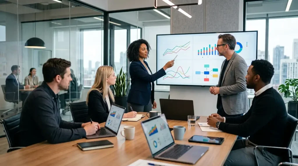 A business team discussing SEO strategy in a modern office meeting room with abstract analytics dashboard, ranking growth graphs, and digital marketing visuals on a large screen.