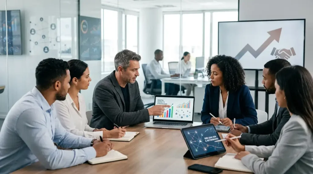 A professional boardroom meeting where a diverse group of six executives is collaborating around a long wooden conference table. A man with graying hair sits at the center, pointing at an open laptop screen displaying a colorful bar chart titled "DIGITAL MARKETING STRATEGIES." The other team members, including a woman with curly hair in a dark blazer, look on intently while holding pens over notebooks or tablets. In the background, a large digital screen displays an upward-trending arrow icon over a handshake graphic, while other colleagues work behind glass partitions.